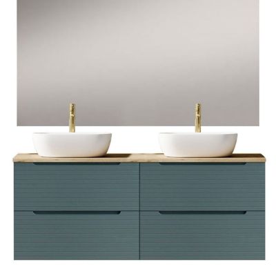 Meuble de salle de bain avec vasque, miroir et applique LED BOREAL 120x45 cm finition Bleu Océan mat 2 tiroirs suspendus Kibath
