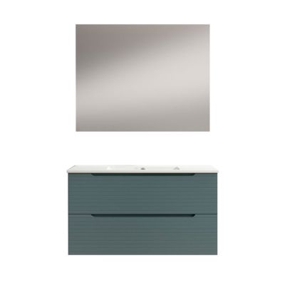 Meuble de salle de bain avec vasque, miroir et applique LED BOREAL 80x45 cm finition BLEU OCÉAN mat 2 tiroirs suspendus Kibath