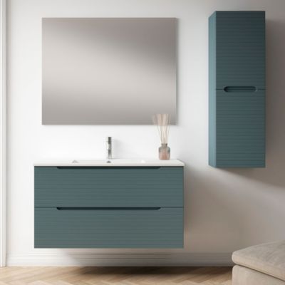 Meuble de salle de bain avec vasque, miroir et applique LED BOREAL 80x45 cm finition BLEU OCÉAN mat 2 tiroirs suspendus Kibath
