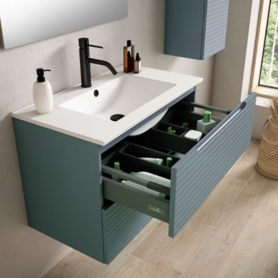 Meuble de salle de bain avec vasque, miroir et applique LED BOREAL 80x45 cm finition BLEU OCÉAN mat 2 tiroirs suspendus Kibath