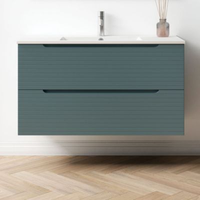 Meuble de salle de bain avec vasque, miroir et applique LED BOREAL 80x45 cm finition BLEU OCÉAN mat 2 tiroirs suspendus Kibath