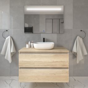 Meuble de salle de bain avec vasque à poser arrondie BALEA et miroir Led STAM - Bambou (chêne clair) - 70cm