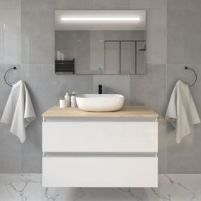 Meuble de salle de bain avec vasque à poser arrondie BALEA et miroir Led STAM - Blanc - 100cm