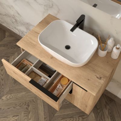 Meuble de salle de bain avec vasque à poser arrondie et miroir armoirette KING - Roble (chêne clair) - 80cm