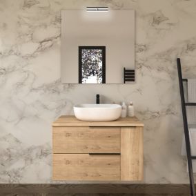 Meuble de salle de bain avec vasque à poser arrondie et miroir avec applique KING - Roble (chêne clair) - 80cm