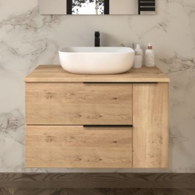 Meuble de salle de bain avec vasque à poser arrondie et miroir avec applique KING - Roble (chêne clair) - 80cm