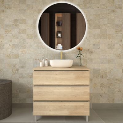 Meuble de salle de bain avec vasque à poser arrondie PALMA et miroir Led SOLEN - Bambou (chêne clair) - 80cm