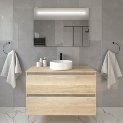 Meuble de salle de bain avec vasque à poser ronde BALEA et miroir Led STAM - Bambou (chêne clair) - 70cm