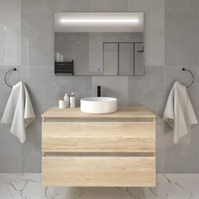 Meuble de salle de bain avec vasque à poser ronde BALEA et miroir Led STAM - Bambou (chêne clair) - 80cm