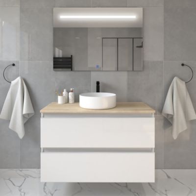 Meuble de salle de bain avec vasque à poser ronde BALEA et miroir Led STAM - Blanc - 100cm