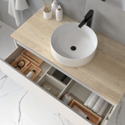 Meuble de salle de bain avec vasque à poser ronde BALEA et miroir Led STAM - Blanc - 100cm