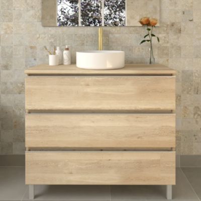 Meuble de salle de bain avec vasque à poser ronde PALMA et miroir Led STAM - Bambou (chêne clair) - 100cm