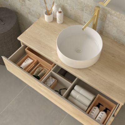 Meuble de salle de bain avec vasque à poser ronde PALMA et miroir Led STAM - Bambou (chêne clair) - 100cm