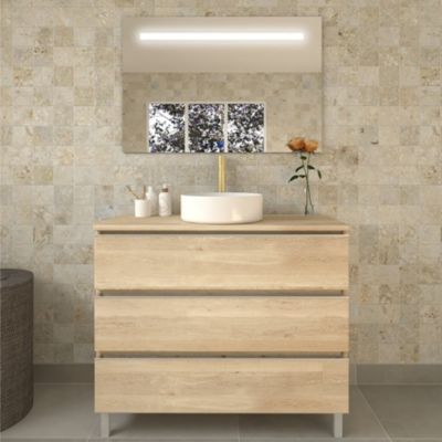 Meuble de salle de bain avec vasque à poser ronde PALMA et miroir Led STAM - Bambou (chêne clair) - 80cm
