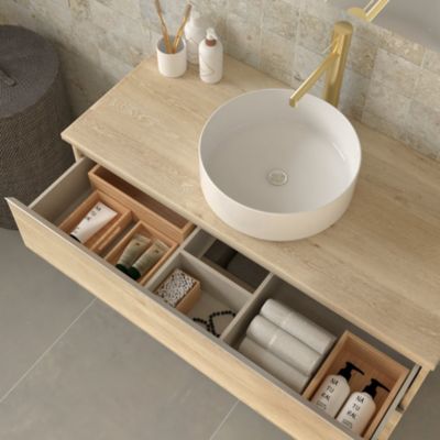 Meuble de salle de bain avec vasque à poser ronde PALMA et miroir Led STAM - Bambou (chêne clair) - 80cm