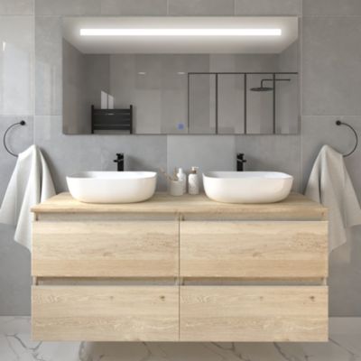 Meuble de salle de bain avec vasques à bords arrondies BALEA et miroir Led STAM - Bambou (chêne clair) - 120cm