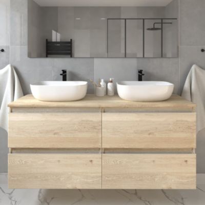 Meuble de salle de bain avec vasques à bords arrondies BALEA et miroir Led STAM - Bambou (chêne clair) - 120cm