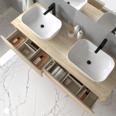 Meuble de salle de bain avec vasques à bords arrondies BALEA et miroir Led STAM - Bambou (chêne clair) - 120cm