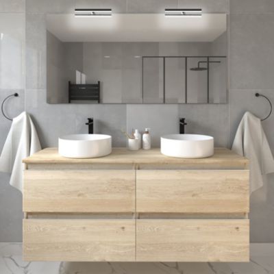 Meuble de salle de bain avec vasques rondes BALEA et miroir avec appliques - Bambou (chêne clair) - 120cm