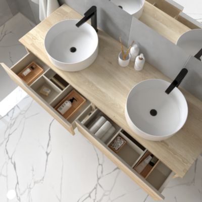 Meuble de salle de bain avec vasques rondes BALEA et miroir avec appliques - Bambou (chêne clair) - 120cm