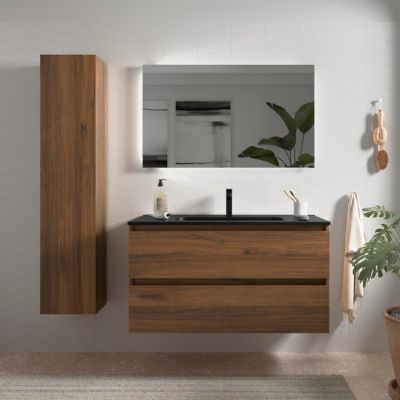 Meuble de salle de bain BEQUIA 100cm Noyer Vasque Noir Porcelaine Centrale