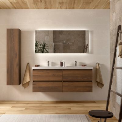 Meuble de salle de bain BEQUIA 140cm Noyer Vasque Charge minérale