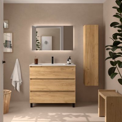 Meuble de salle de bain BEQUIA 3C 100cm Chêne Vasque Porcelaine Centrale