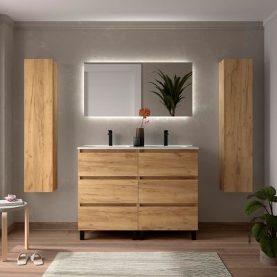 Meuble de salle de bain BEQUIA 3C 120cm Chêne Vasque Porcelaine Centrale