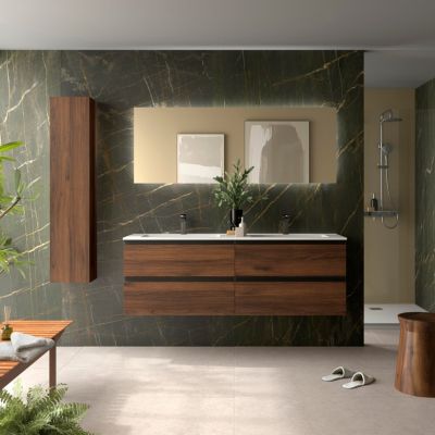 Meuble de salle de bain BEQUIA METAL 160cm Noyer Vasque Vilna Solid Surface Centrale