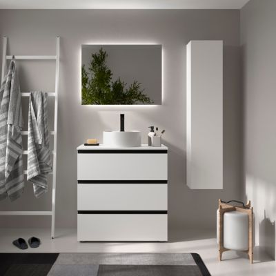 Meuble de salle de bain BEQUIA METAL 3C 80cm Blanc mat Vasque à poser Porcelaine Centrale