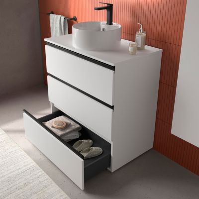 Meuble de salle de bain BEQUIA METAL 3C 80cm Blanc mat Vasque à poser Porcelaine Centrale