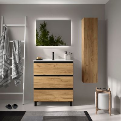 Meuble de salle de bain BEQUIA METAL 3C 80cm Chêne Vasque Porcelaine Centrale