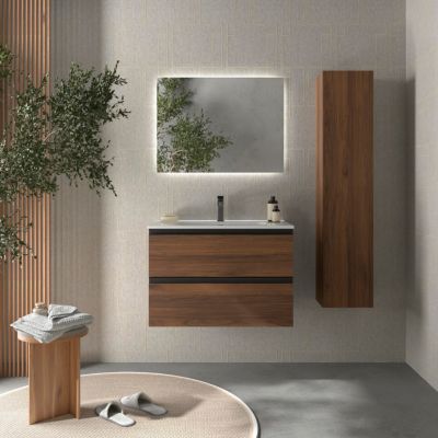 Meuble de salle de bain BEQUIA METAL 80cm Noyer Vasque Porcelaine Centrale