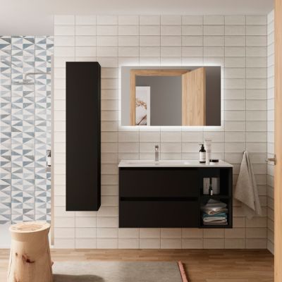 Meuble de salle de bain BEQUIA Plus 100cm Noir mat Vasque Porcelaine Robinet à gauche