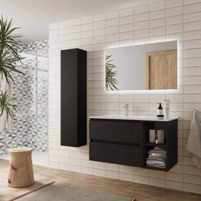 Meuble de salle de bain BEQUIA Plus 100cm Noir mat Vasque Porcelaine Robinet à gauche