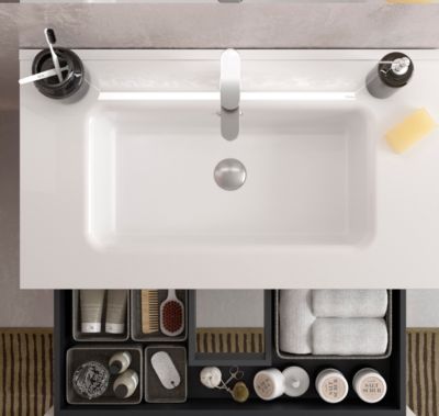 Meuble de salle de bain BEQUIA Plus 100cm Noir mat Vasque Porcelaine Robinet à gauche