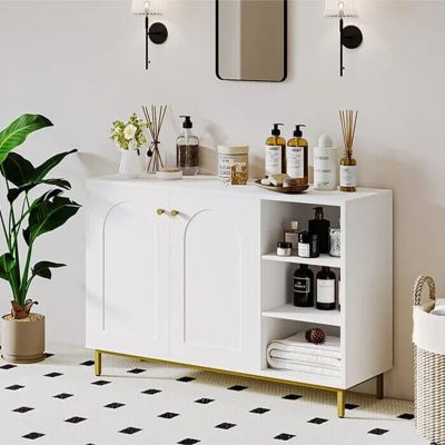 Meuble de Salle de Bain Blanc - Rangements - Placards 2 Portes - Compartiment Ouvert Etageres Reglable - Salle de Bain
