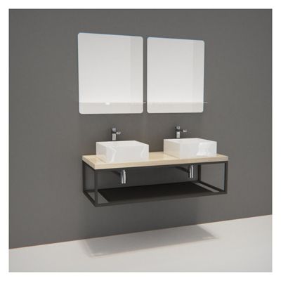Meuble de Salle de Bain Bois et Métal WILL - Plan suspendu 120 cm + Structure métal + 2 Vasques + 2 Miroirs