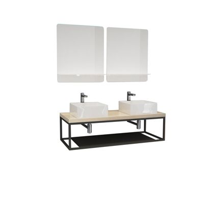 Meuble de Salle de Bain Bois et Métal WILL - Plan suspendu 120 cm + Structure métal + 2 Vasques + 2 Miroirs
