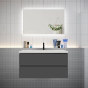 Meuble de salle de bain à deux tiroirs avec lavabo et miroir LED antibuée - anthracite L.100cm suspendu