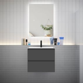 Meuble de salle de bain à deux tiroirs avec lavabo et miroir LED antibuée - anthracite L.60cm suspendu