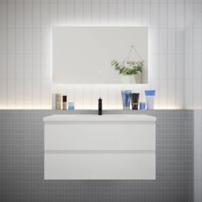 Meuble de salle de bain à deux tiroirs avec lavabo et miroir LED antibuée - blanc L.100cm suspendu