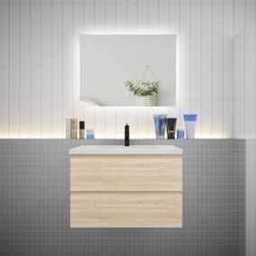 Meuble de salle de bain à deux tiroirs avec lavabo et miroir LED antibuée - chêne L.80cm suspendu