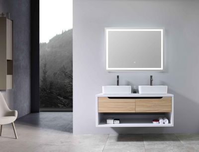 Meuble de salle de bain double vasque 120cm bois et blanc avec miroir LED LB-8153-120 LuxuryBain-