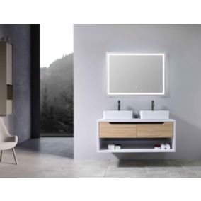 Meuble de salle de bain double vasque 120cm bois et blanc avec miroir LED LB-8153-120 LuxuryBain-