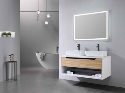 Meuble de salle de bain double vasque 120cm bois et blanc avec miroir LED LB-8153-120 LuxuryBain-