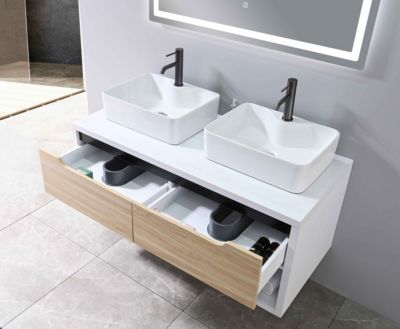 Meuble de salle de bain double vasque 120cm bois et blanc avec miroir LED LB-8153-120 LuxuryBain-