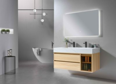 Meuble de salle de bain double vasque 120cm bois et blanc effet marbre avec miroir LED LB-8512 LuxuryBain-