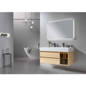 Meuble de salle de bain double vasque 120cm bois et blanc effet marbre avec miroir LED LB-8512 LuxuryBain-