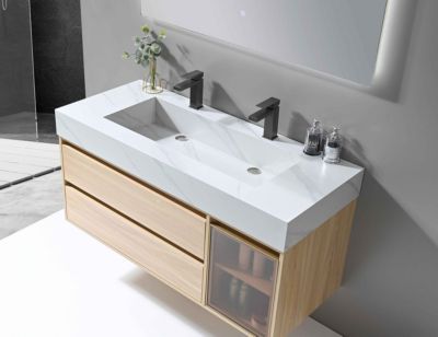 Meuble de salle de bain double vasque 120cm bois et blanc effet marbre avec miroir LED LB-8512 LuxuryBain-